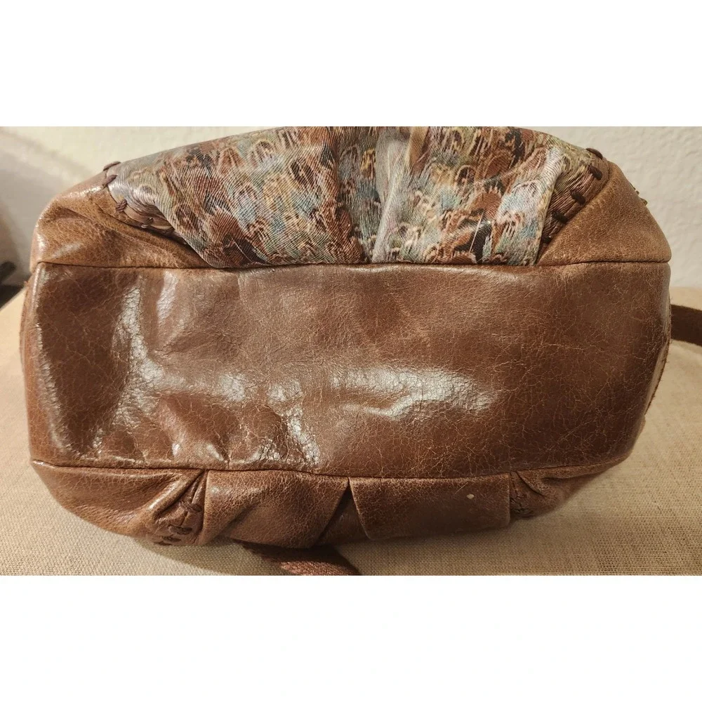 The Sak Deena Flap Foldover Brown Leather Crossbody Bag with Studs Feather Print